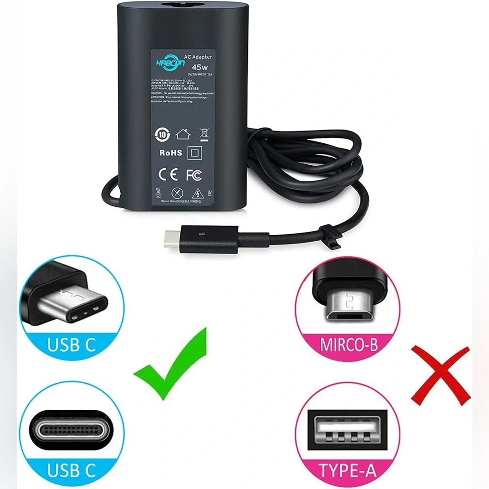 KABCON 45W Charger DELL XPS 11 XPS 12 XPS 13 9360 9370 9333 Inspiron Latitude